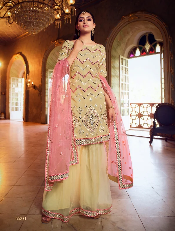 Women's Beige Thread With Foil Mirror Work   Sharara Suit  (Stitched ) - Aastha Fashion