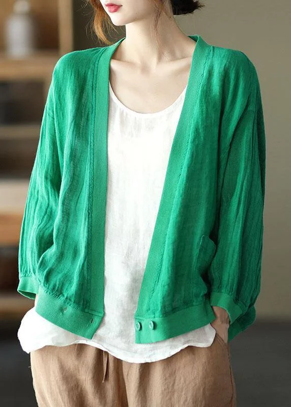 Chic Green Loose Retro V Neck Fall Blouses Long Sleeve