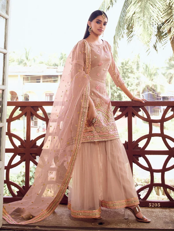 Women's Light Peach Thread With Foil Mirror Work   Sharara Suit  (Stitched ) - Aastha Fashion