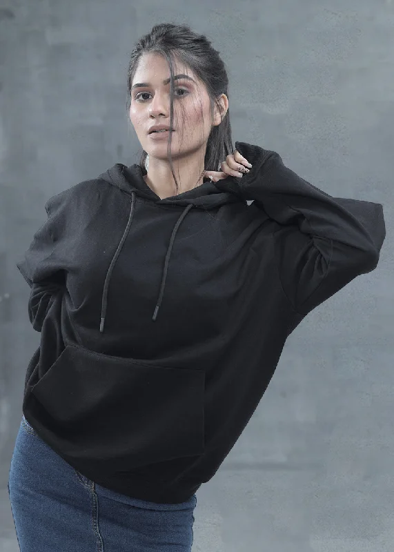 Solid Black Women Drop Shoulder Premium Terry Hoodie | Pronk