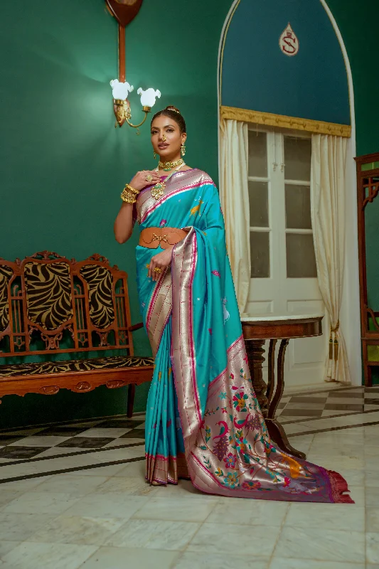 Women's Teal Zari Woven Paithani Silk Saree With Blouse  (Saree Blouse Without stitch) - Aastha Fashion