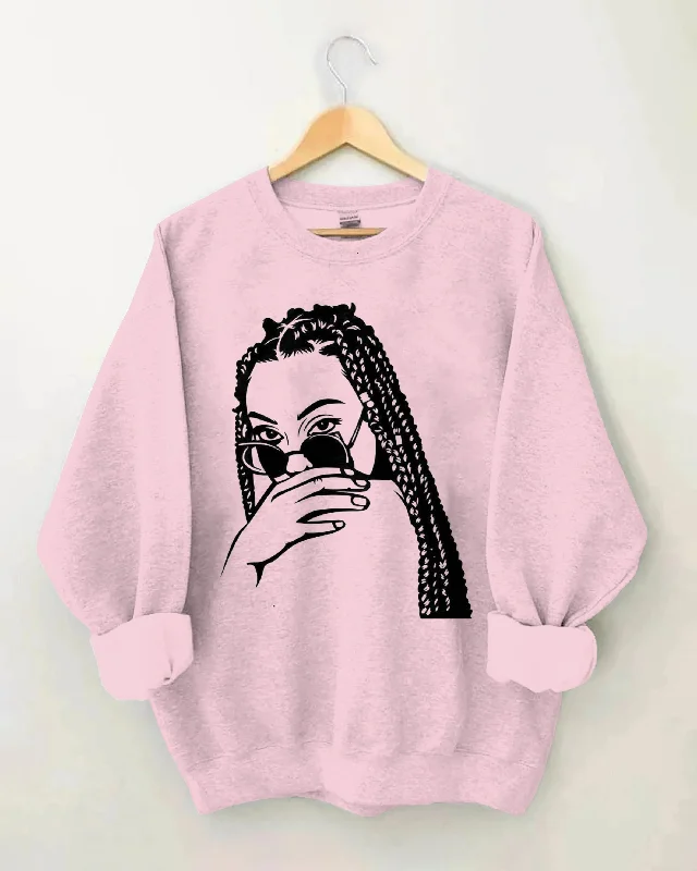 Girl with Curly Hair and Sunglasses Long Sleeve Sweatshirt