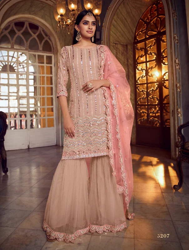 Women's Peach Thread With Foil Mirror Work   Sharara Suit  (Stitched ) - Aastha Fashion