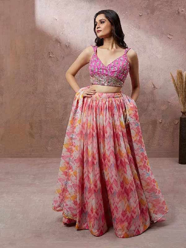 Women's Pink Ikat Printed Organza  Designer Lehenga Choli  (Semi stitched ) - Aastha Fashion