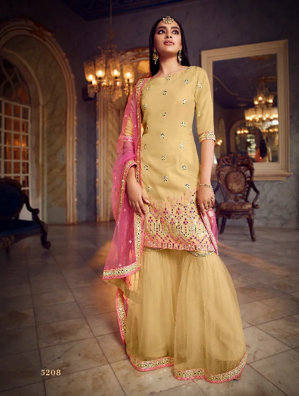 Women's Beige Thread With Foil Mirror Work   Sharara Suit  (Stitched ) - Aastha Fashion