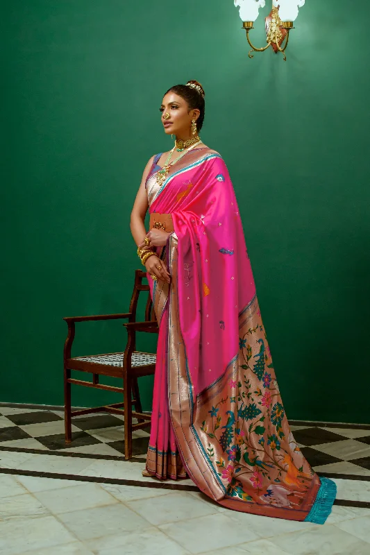 Women's Rani Pink Zari Woven Paithani Silk Saree With Blouse  (Saree Blouse Without stitch) - Aastha Fashion