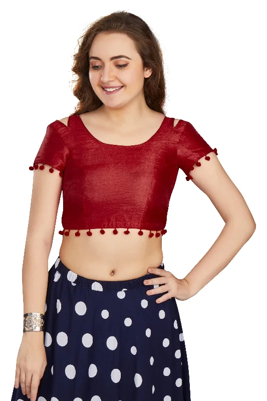 Women's Maroon Art Silk Pom Pom Lace Readymade Blouse  (Stitched ) - Aastha Fashion