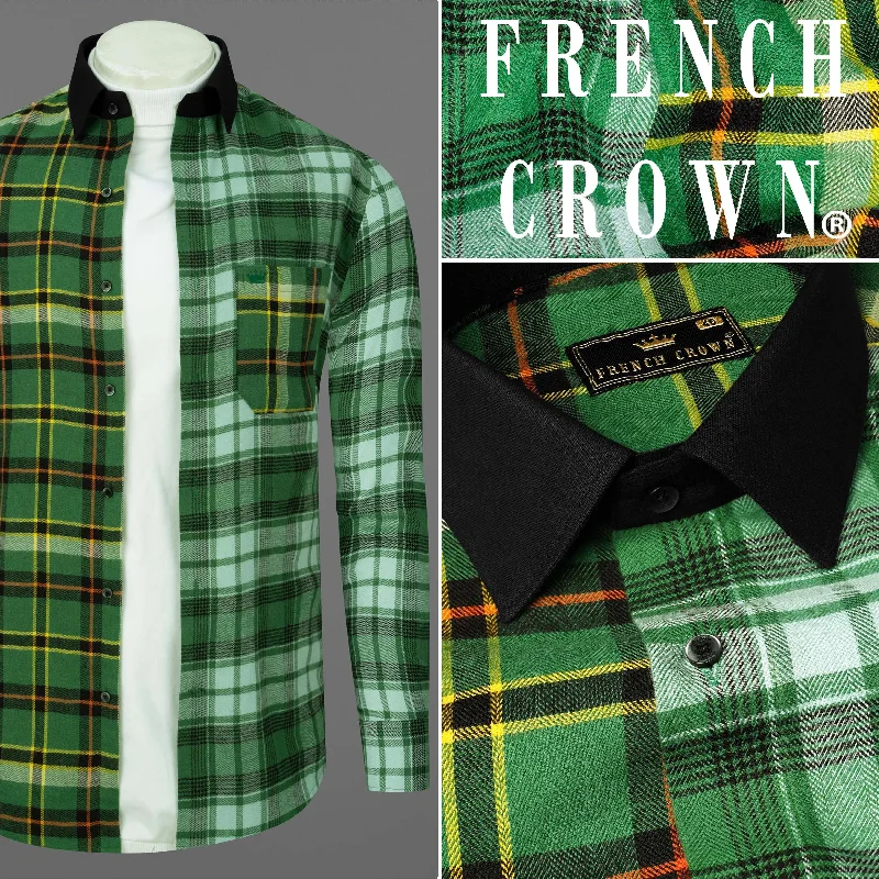 Eucalyptus Green Multicolor Plaid with Black Collar Designer Shirt