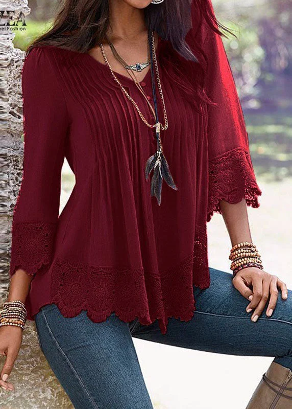 Casual Women V-Neck Pleated Lace Patchwork Three Quarter Sleeve Blouse