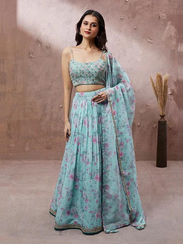 Women's Turquoise Floral Print With Zari Work Organza  Lehenga Choli  (Semi stitched ) - Aastha Fashion