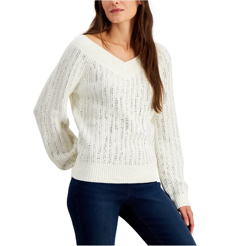 I-N-C Womens Embellished Pullover Sweater, White, Large