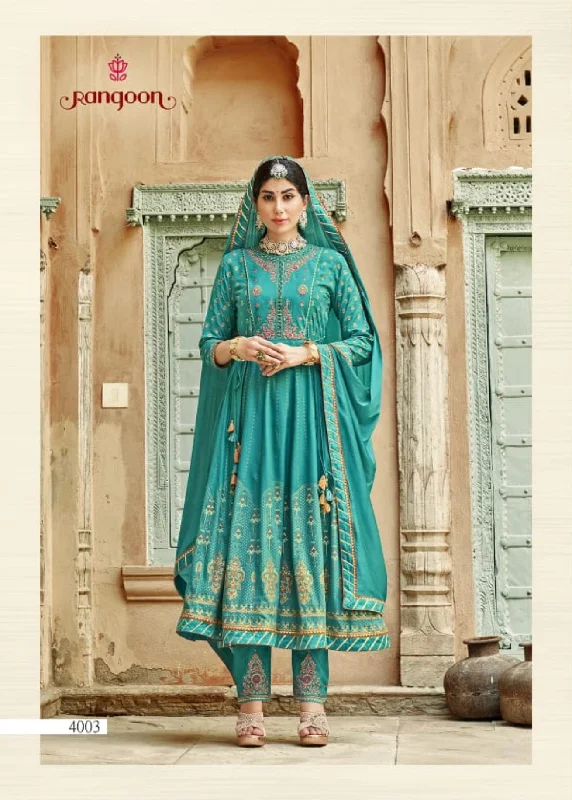 4003 Kasthuri Rayon Printed Mirror Work Anarkali Readymade Suit