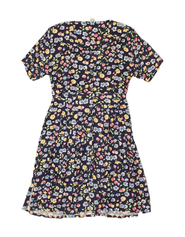 VINTAGE Womens Shirt Dress UK 14 Medium Navy Blue Floral Viscose