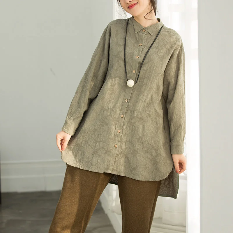 Classy army green cotton clothes Casual Work Outfits Jacquard silhouette blouse