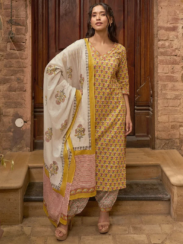 Yellow Printed Cotton Straight Suit With Dupatta