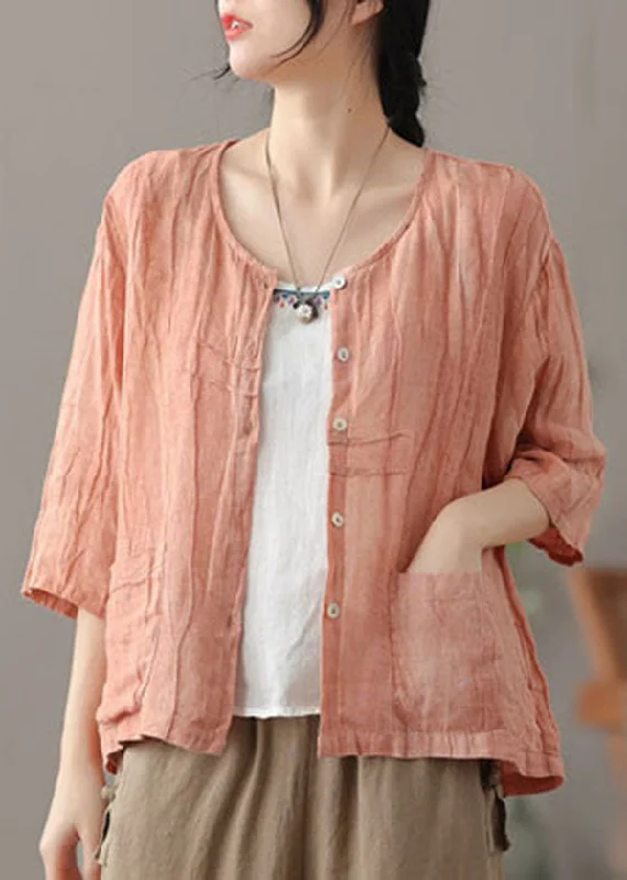 Casual Pink wrinkled Button Linen Shirts Bracelet Sleeve