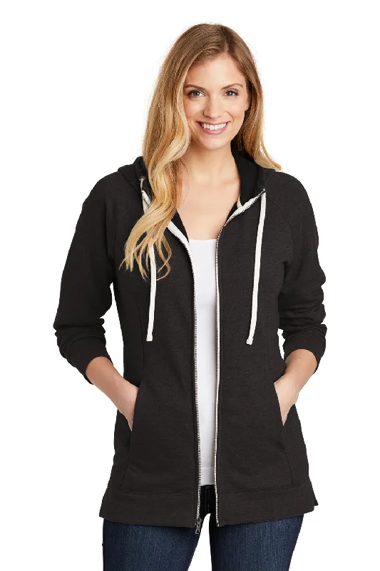 District Womens Perfect French Terry Full Zip Hooded Sweatshirt Hoodie w/ Pockets - Black - Closeout