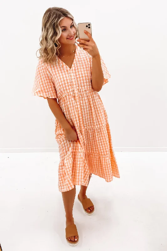 Ainsley Midi Dress Coral Gingham