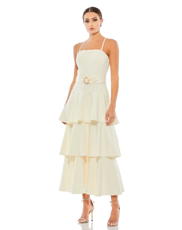 Belted Tiered Ruffle Sleeveless Midi Dress