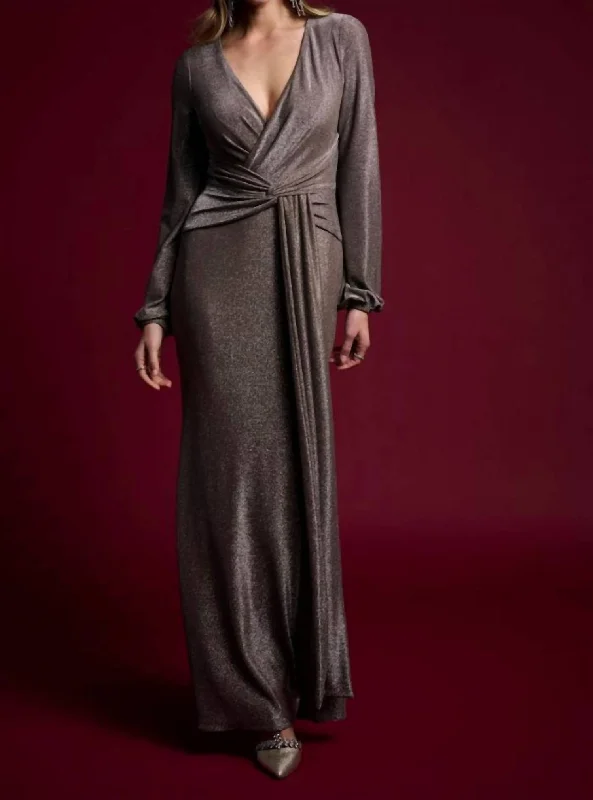 Glittery Long Sleeve Evening Dress In Taupe