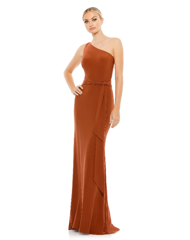 Jersey One Shoulder Belted Trumpet Gown