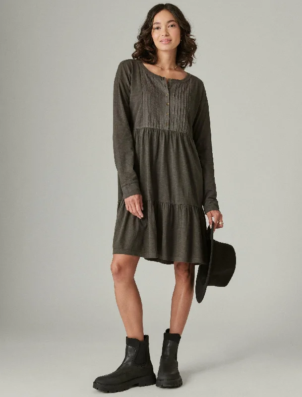 Lucky Brand Women's Pintuck Tiered Knit Henley Dress