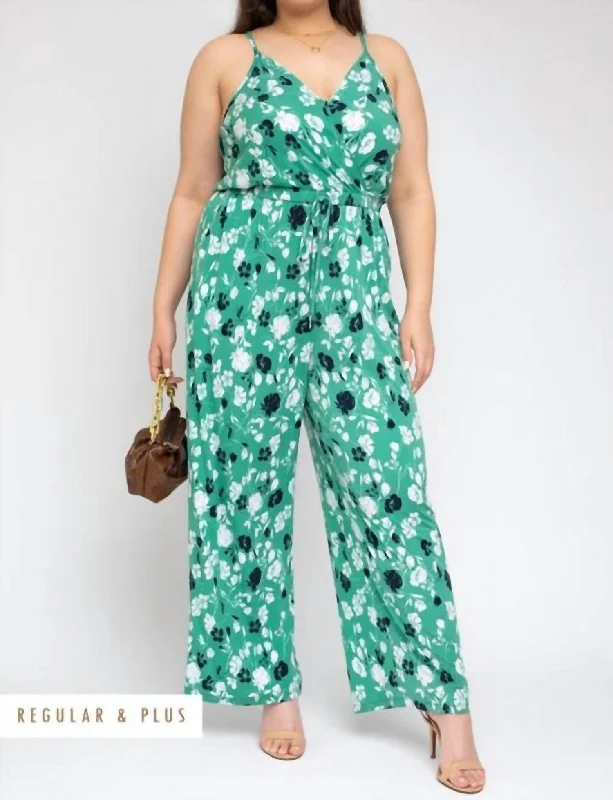 Plus Surplice Elastic Waist Jumpsuit In Green Ivory Flowers