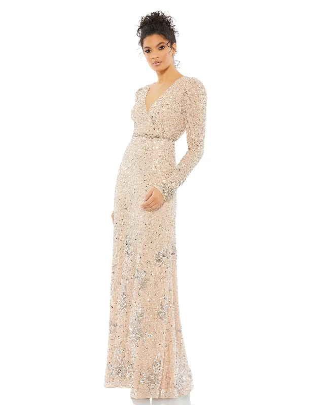 Sequined Floral Embellihsed Long Sleeve Gown